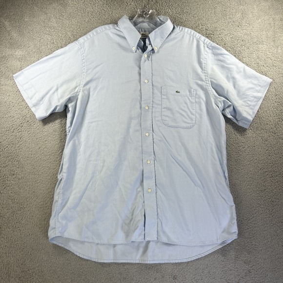 Lacoste Shirt Mens 43 Blue Short Sleeve Button Up Crocodile Pocket Textured - Picture 1 of 8